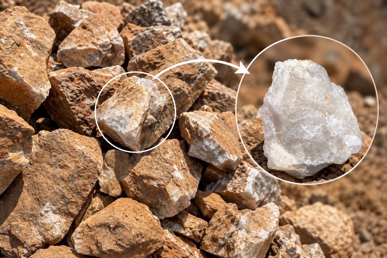 Field mineral material with a white sample highlighted